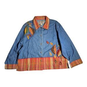 Vtg 1990s Tantrum Blues Denim Orange Plaid Leaf Embroidered Button Up Top P M